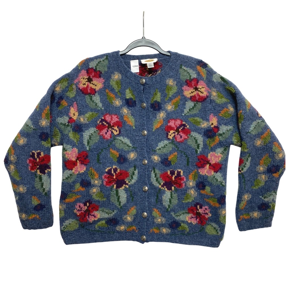 Talbots Cardigan Womens Medium Blue Floral Pansy Button Down Vintage